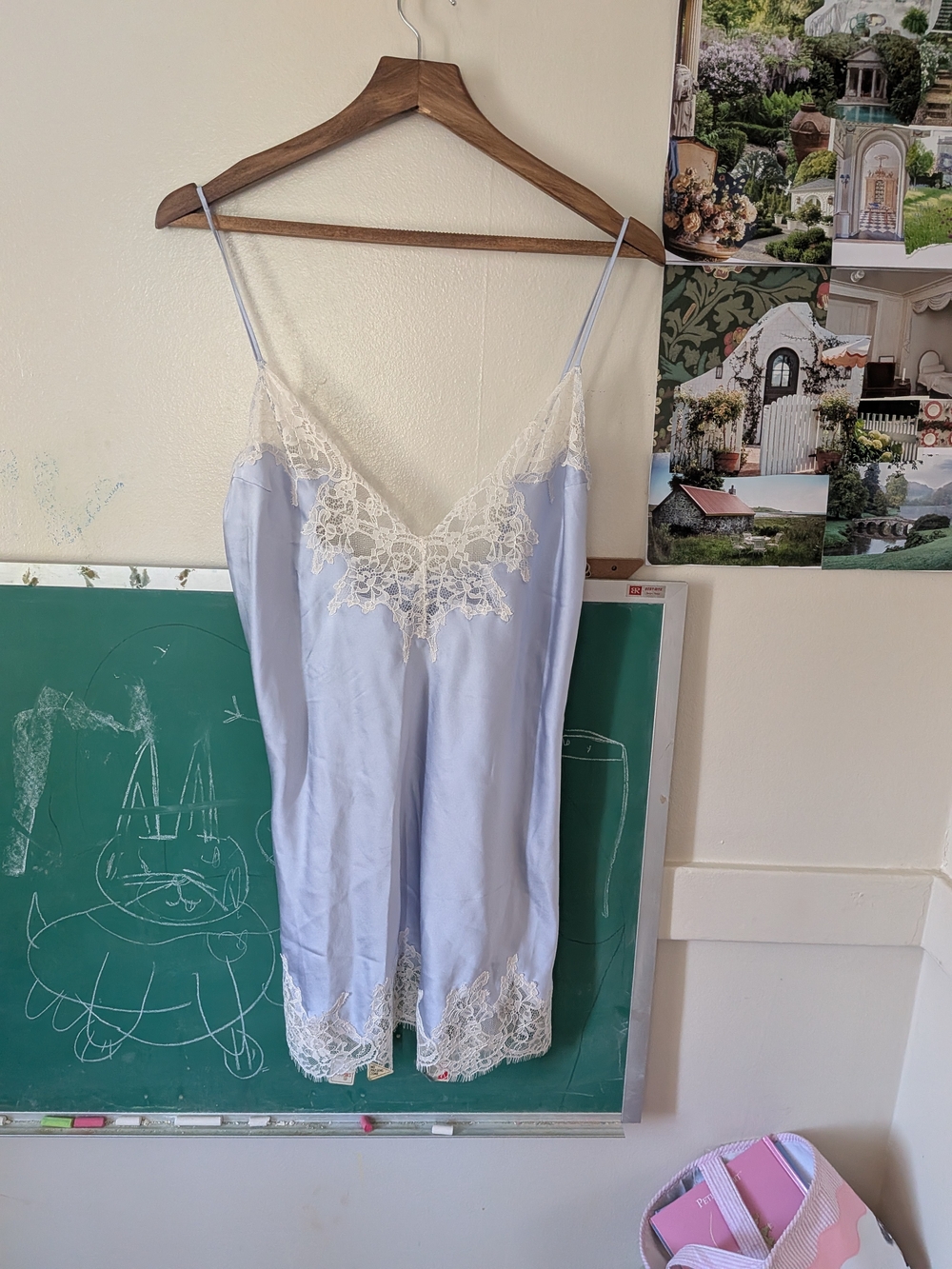 Light Blue Lace Trim Satin Slip Dress - Women's Intimates